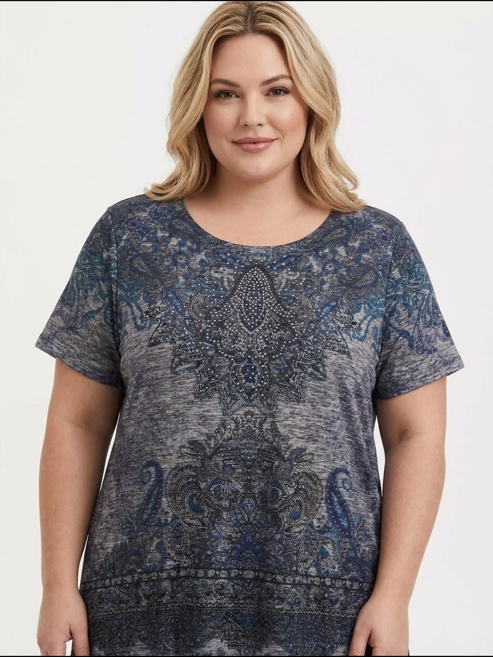Lavish Y2K Boho Paisley Embellished Top Plus Size Casual Tee Fits 1X